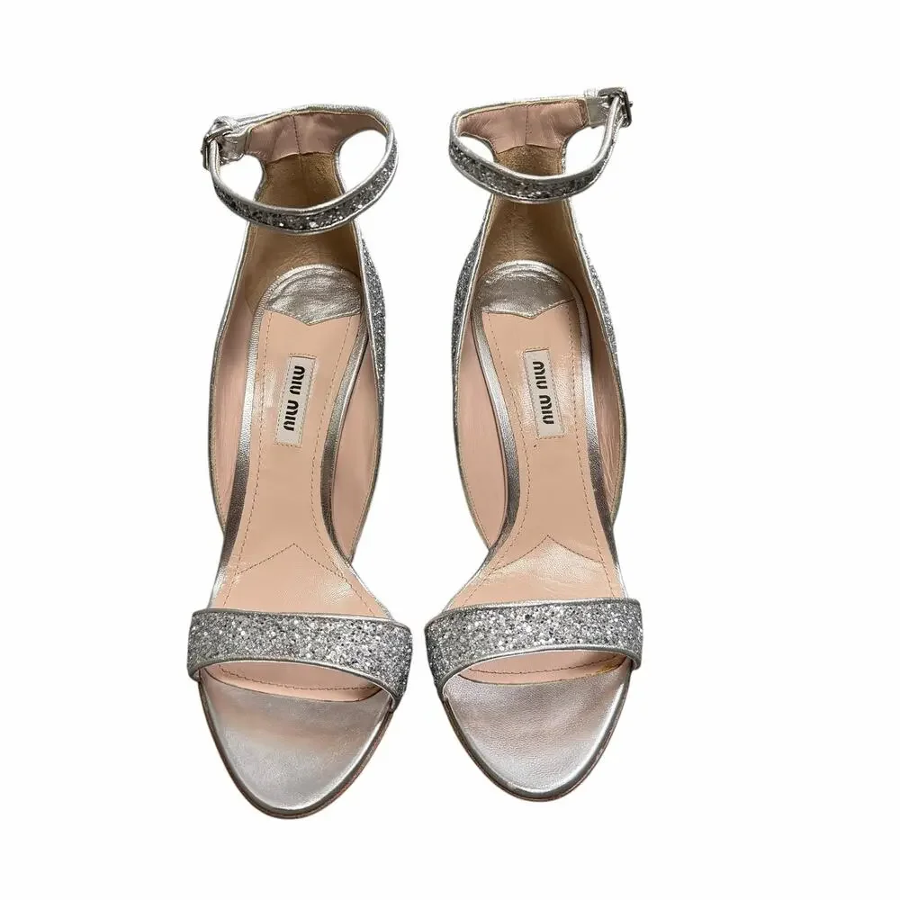 Miu Miu Swarovski Crystal Embellished Glitter Leather Sandals Size 39.5 / US 9.5 - Picture 5 of 15